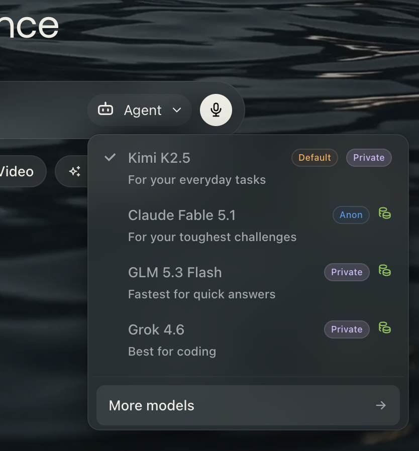 Venice AI model picker showing Kimi K2.5, Claude Fable 5.1, GLM 5.3 Flash and Grok 4.6
