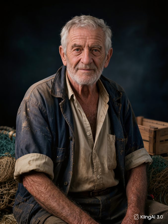 Elderly fisherman portrait generated by Kling AI