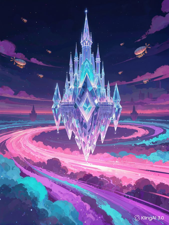 Floating crystal castle generated by Kling AI