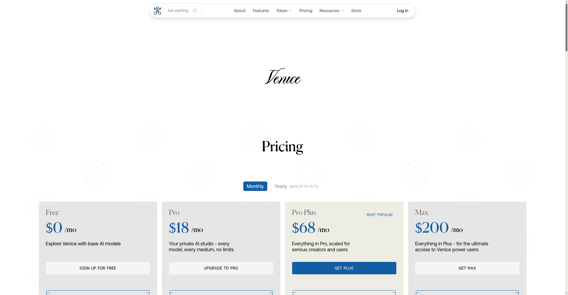 Venice AI pricing page showing Free, Pro, Pro Plus and Max plans